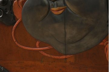 激レア!特注品　縁起物　おかめの漆絵が描かれた総欅材製の庄内小箪笥(掛硯型、懸硯型、船箪笥、帳場箪笥、おたふく、小引き出し、たんす、タンス、アンティーク)(R-057060)