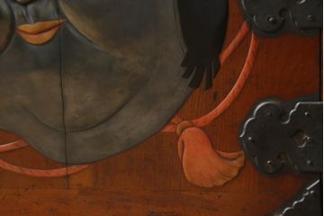 激レア!特注品　縁起物　おかめの漆絵が描かれた総欅材製の庄内小箪笥(掛硯型、懸硯型、船箪笥、帳場箪笥、おたふく、小引き出し、たんす、タンス、アンティーク)(R-057060)