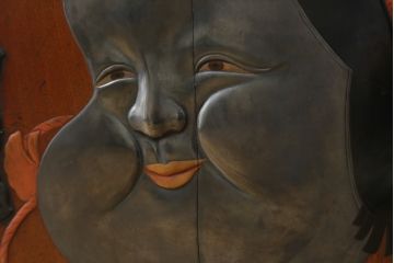 激レア!特注品　縁起物　おかめの漆絵が描かれた総欅材製の庄内小箪笥(掛硯型、懸硯型、船箪笥、帳場箪笥、おたふく、小引き出し、たんす、タンス、アンティーク)(R-057060)