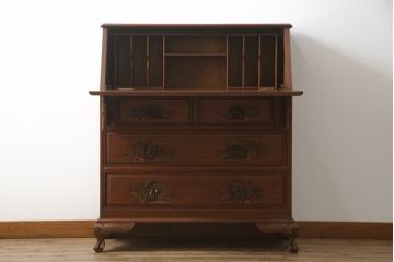 ビンテージ家具　オリエンタルなデザインが目を引くライティングビューロー(引き出し、チェスト、在宅用、在宅ワーク用デスク)(R-057155)