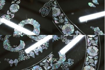 中古　民芸家具　オーバル型　豪華絢爛な螺鈿細工の座卓(定価約67万円)(ローテーブル、センターテーブル)(R-057300)