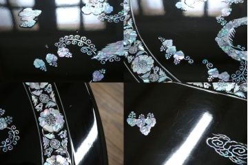 中古　民芸家具　オーバル型　豪華絢爛な螺鈿細工の座卓(定価約67万円)(ローテーブル、センターテーブル)(R-057300)