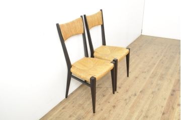 和製ビンテージ　ジャンク品　グラツキ有り　しっかりと編み込まれたラッシがポイント!スタイリッシュなラッシチェア2脚セット(椅子、イス、ヴィンテージ)(R-057305)