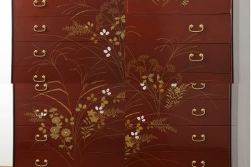 中古　最高級品　松創　秋草図　朱漆塗り　繊細な螺鈿細工が目を引く総桐箪笥(定価推定350万円以上)(桐たんす、着物箪笥、衣装タンス、和箪笥)(R-057382)