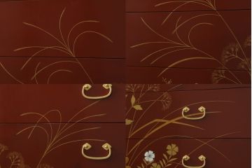 中古　最高級品　松創　秋草図　朱漆塗り　繊細な螺鈿細工が目を引く総桐箪笥(定価推定350万円以上)(桐たんす、着物箪笥、衣装タンス、和箪笥)(R-057382)