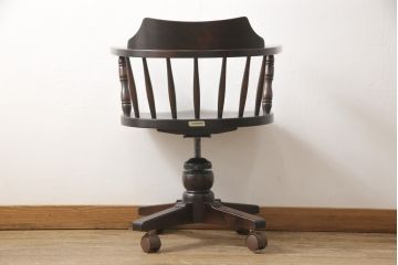 中古　希少　絶版品　北海道民芸家具　在宅ワーク用にもオススメのデスクチェア(回転イス、椅子、アームチェア、板座チェア)(R-057383)