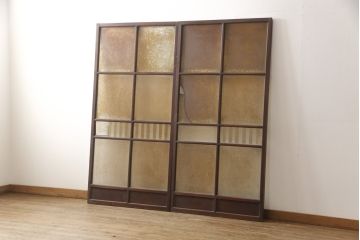 アンティーク建具　特注品　総欅(ケヤキ)材　ケヤキの引き戸は珍しい!!高級ガラス戸2枚セット(引き戸)(R-057484)