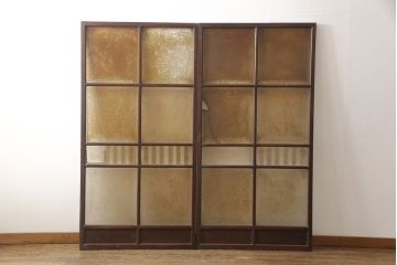 アンティーク建具　特注品　総欅(ケヤキ)材　ケヤキの引き戸は珍しい!!高級ガラス戸2枚セット(引き戸)(R-057484)