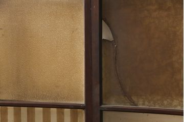 アンティーク建具　特注品　総欅(ケヤキ)材　ケヤキの引き戸は珍しい!!高級ガラス戸2枚セット(引き戸)(R-057484)