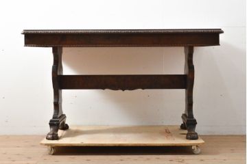 イギリスアンティーク　ガラス天板付き　クラシカルな佇まいが魅力的なドローリーフテーブル(エクステンションテーブル、ダイニングテーブル)(R-057499)