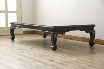 中古　極上美品　ガラス天板付き　まるで美術品のような螺鈿細工が美しい漆塗り座卓(定価約100万円)(ローテーブル)(R-057503)