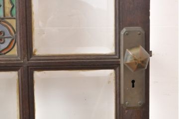 アンティーク建具　希少デザイン!ドアノブのお洒落なフォルムにも注目!ユニークなステンドグラス入りドア1枚(扉、ガラスドア)(R-057504)