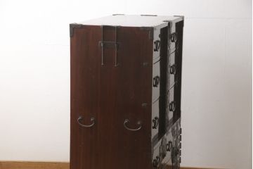 和製アンティーク　総桐材　和の風格漂う黒漆塗りが魅力の庄内箪笥(時代箪笥、和たんす、収納箪笥、引き出し)(R-057526)