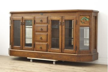中古　美品　えぞ民芸家具　色ガラス入り　グレースシリーズ　和・洋どちらにも合わせやすいサイドボード(収納棚、戸棚、サイドキャビネット、リビングボード、引き出し)(R-057621)