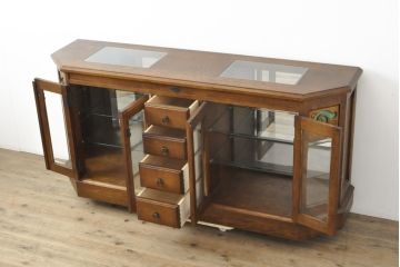 中古　美品　えぞ民芸家具　色ガラス入り　グレースシリーズ　和・洋どちらにも合わせやすいサイドボード(収納棚、戸棚、サイドキャビネット、リビングボード、引き出し)(R-057621)