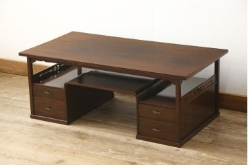 和製ビンテージ　最高級!　指物工芸家具　中桐・漆塗り　総シタン(紫檀)　凝った意匠が魅力的な、天板一枚板の文机(座机、在宅ワーク用、ローテーブル、センターテーブル、ヴィンテージ)(R-057694)
