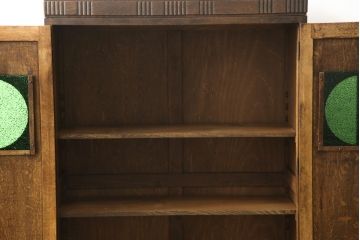 和製アンティーク　大正ロマン　ナラ材　色ガラスと丸窓がレトロな雰囲気を醸し出す本箱(ブックケース、本棚、書棚、収納棚、戸棚)(R-057758)