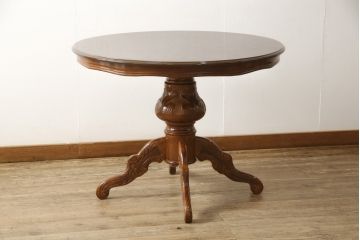中古　イタリア輸入家具　気品あふれる上質な空間を演出する象嵌入りラウンドダイニングテーブル(ラウンドテーブル、丸テーブル)(R-057813)