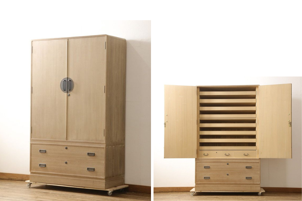 中古　伝統工芸士　小林雄蔵作　透かし金具がモダンな雰囲気を醸し出す総桐箪笥(並厚、四方丸)　(R-057863)