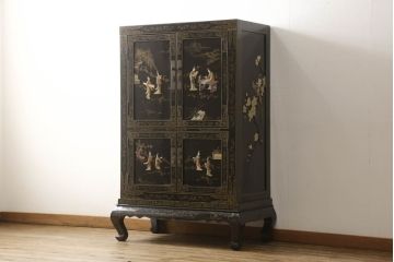アジアビンテージ　中国デザイン　豪華な石細工が目を引く、まるで美術品のようなキャビネット(戸棚、収納棚、ヴィンテージ)(R-057869)