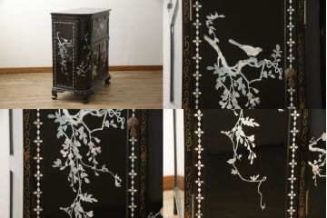 ビンテージ家具　黒塗り　螺鈿細工(らでん)　アジアンテイストのお部屋に取り入れたいサーバー(収納棚、サービス台、バーカウンター、カウンターテーブル、サイドボード、ヴィンテージ)(R-057872)