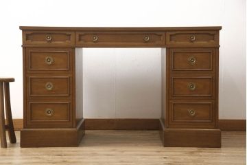 中古　美品　DREXEL HERITAGE(ドレクセルヘリテイジ)　Triune(トライユン)　レザートップが格好いいマホガニー材製のデスク(定価約75万円)(両袖机、在宅ワーク、在宅用ワークデスク)(R-057924)