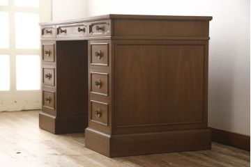 中古　美品　DREXEL HERITAGE(ドレクセルヘリテイジ)　Triune(トライユン)　レザートップが格好いいマホガニー材製のデスク(定価約75万円)(両袖机、在宅ワーク、在宅用ワークデスク)(R-057924)