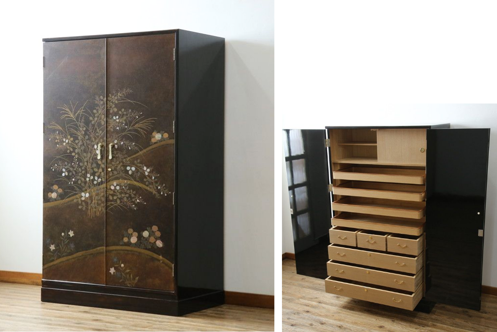 中古　美品　最高級　総漆塗り　まるで絵画のような前面蒔絵と螺鈿細工の意匠が楽しめる中桐着物箪笥　定価約400万円　(R-057975)