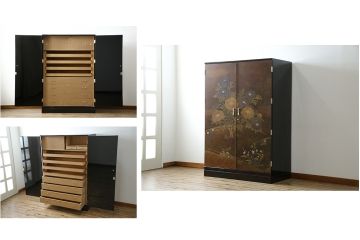 中古　美品　最高級　総漆塗り　まるで絵画のような前面蒔絵と螺鈿細工の意匠が楽しめる中桐箪笥(和タンス、和たんす、着物箪笥、和服箪笥、引き出し)(定価約400万円)(R-057977)