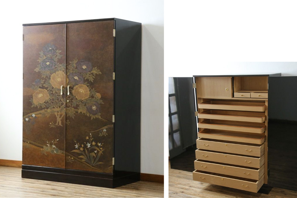 中古　美品　最高級　総漆塗り　まるで絵画のような前面蒔絵と螺鈿細工の意匠が楽しめる中桐着物箪笥　定価約400万円　(R-057977)