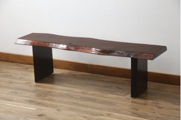 中古　美品　職人手造り家具　漆塗り　木目と漆の艶が魅力的な長椅子(ベンチ、板座チェア、イス)(定価約24万円)(R-058025)