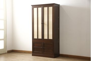 中古　美品　希少!!　松本民芸家具　葛布(くずふ)入り扉が目を引くブックケース(本箱、本棚、書棚、キャビネット、収納棚、戸棚)(R-058027)