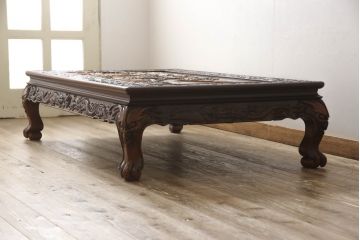 和製ビンテージ　ジャンク品(※彫刻に欠損あり)　総紫檀(シタン)彫刻　花鳥図と龍の総彫りが見事な座卓(定価約240万円)(ローテーブル、ヴィンテージ)(R-058030)