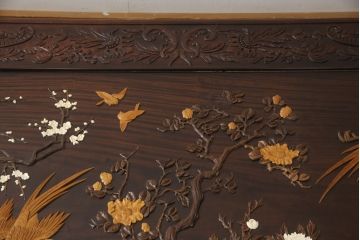 和製ビンテージ　ジャンク品(※彫刻に欠損あり)　総紫檀(シタン)彫刻　花鳥図と龍の総彫りが見事な座卓(定価約240万円)(ローテーブル、ヴィンテージ)(R-058030)