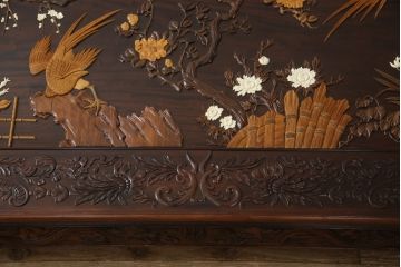 和製ビンテージ　ジャンク品(※彫刻に欠損あり)　総紫檀(シタン)彫刻　花鳥図と龍の総彫りが見事な座卓(定価約240万円)(ローテーブル、ヴィンテージ)(R-058030)