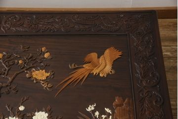 和製ビンテージ　ジャンク品(※彫刻に欠損あり)　総紫檀(シタン)彫刻　花鳥図と龍の総彫りが見事な座卓(定価約240万円)(ローテーブル、ヴィンテージ)(R-058030)