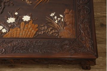 和製ビンテージ　ジャンク品(※彫刻に欠損あり)　総紫檀(シタン)彫刻　花鳥図と龍の総彫りが見事な座卓(定価約240万円)(ローテーブル、ヴィンテージ)(R-058030)