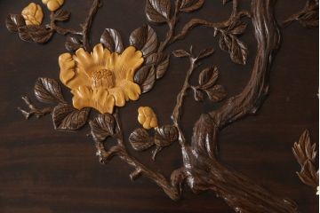 和製ビンテージ　ジャンク品(※彫刻に欠損あり)　総紫檀(シタン)彫刻　花鳥図と龍の総彫りが見事な座卓(定価約240万円)(ローテーブル、ヴィンテージ)(R-058030)
