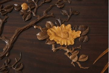 和製ビンテージ　ジャンク品(※彫刻に欠損あり)　総紫檀(シタン)彫刻　花鳥図と龍の総彫りが見事な座卓(定価約240万円)(ローテーブル、ヴィンテージ)(R-058030)