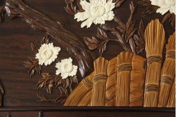 和製ビンテージ　ジャンク品(※彫刻に欠損あり)　総紫檀(シタン)彫刻　花鳥図と龍の総彫りが見事な座卓(定価約240万円)(ローテーブル、ヴィンテージ)(R-058030)