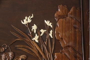 和製ビンテージ　ジャンク品(※彫刻に欠損あり)　総紫檀(シタン)彫刻　花鳥図と龍の総彫りが見事な座卓(定価約240万円)(ローテーブル、ヴィンテージ)(R-058030)