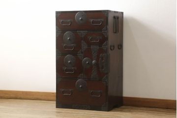 和製アンティーク　前面栗材　希少サイズ!　幅狭でお部屋に取り入れやすい最上箪笥(時代箪笥、民芸箪笥、収納たんす、和タンス、引き出し、サイドチェスト)(R-058070)