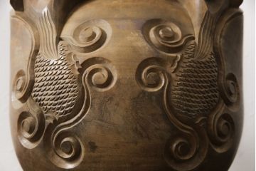 古い　玉鱗工　大型木魚　高さ39センチ　4kg(仏具、寺院)(R-058075)