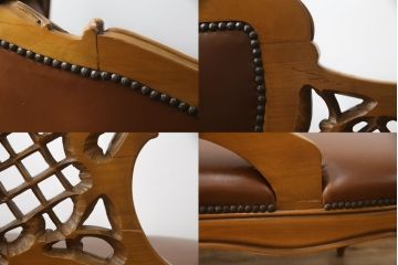 中古　高級品　イタリア家具　本革　細やかな彫刻の素晴らしいレザーシェーズロング(2人掛けソファ、二人掛け、セティ)(R-058098)