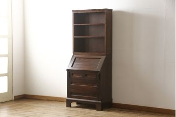 ビンテージ　国産民芸家具　高山デザインのすっきりとした佇まいのビューローブックケース(ライティングビューロー、ブックシェルフ、本棚、収納棚、ワークデスク、在宅ワーク、在宅用、ヴィンテージ)(R-058119)