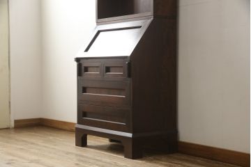 ビンテージ　国産民芸家具　高山デザインのすっきりとした佇まいのビューローブックケース(ライティングビューロー、ブックシェルフ、本棚、収納棚、ワークデスク、在宅ワーク、在宅用、ヴィンテージ)(R-058119)