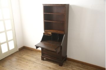 ビンテージ　国産民芸家具　高山デザインのすっきりとした佇まいのビューローブックケース(ライティングビューロー、ブックシェルフ、本棚、収納棚、ワークデスク、在宅ワーク、在宅用、ヴィンテージ)(R-058119)