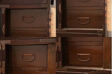 アンティーク家具　明治大正期　前面欅(ケヤキ)材　銅金具の模様まで美しい漆のきれいな大川箪笥(重ね箪笥、和たんす、収納箪笥、時代箪笥、整理タンス)(R-058271)