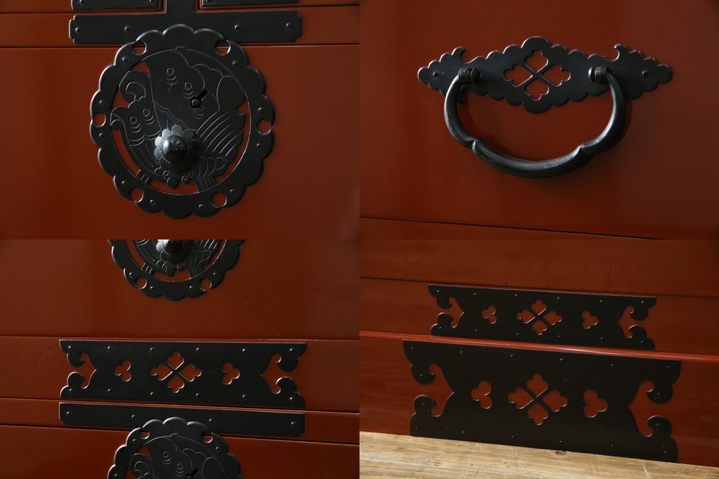 中古　桐材　落ち着いた色合いの朱塗りが魅力的な米沢箪笥　(R-058320)