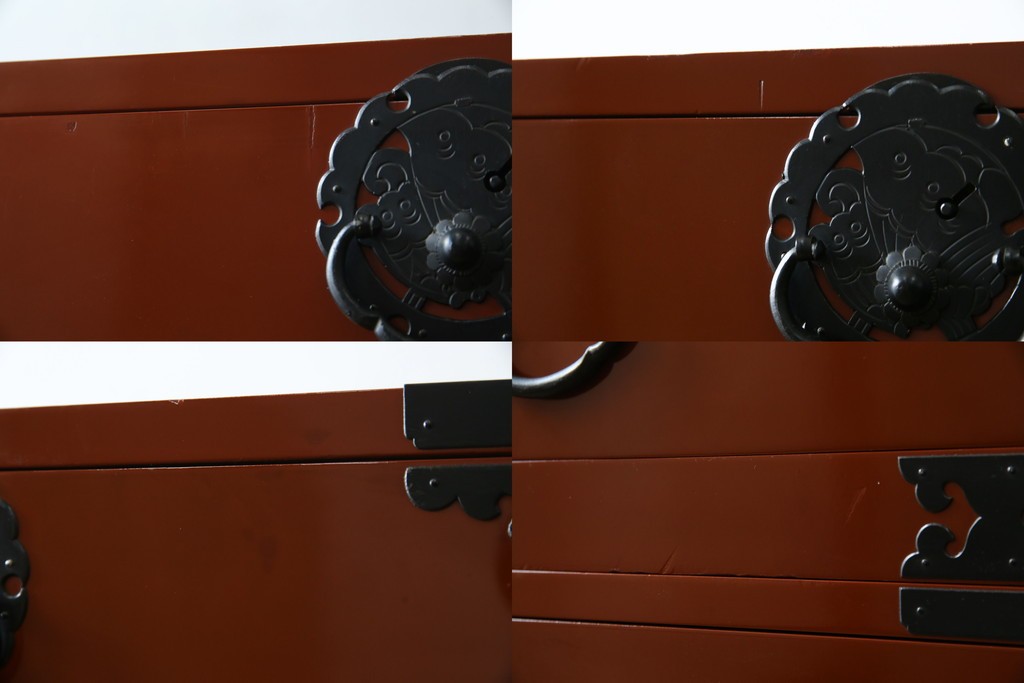 中古　桐材　落ち着いた色合いの朱塗りが魅力的な米沢箪笥　(R-058320)